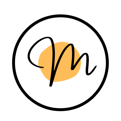 Fried egg-shaped logo superimposed with the letter M